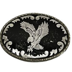 EAGLE vintage belt buckle silver and black USA made freedom strength